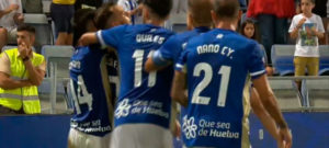 Los jugadores del Recre celebran uno de los goles del partido ante el Talavera. / Foto: Captura TV Teleonuba,