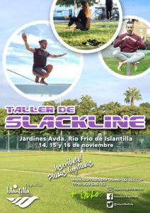 Cartel anunciador del Taller de Slackline que se pone en marcha en Islantilla.