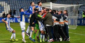 Alegría inusitada tras el penalti anotado por Gerard, que clasificaba al Recre. / Foto: @recreoficial.