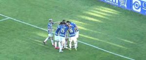 Los jugadores del Recre celebran el primer gol, obra de Alberto Quiles. / Foto: Captura imagen TV Footers.
