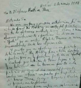 Carta manuscrita de L. Sánchez a Ildefonso Martínez donde éste es invitado a jugar un partido de fútbol organizado por Mackay frente a un equipo de marineros. / Foto RFEF.