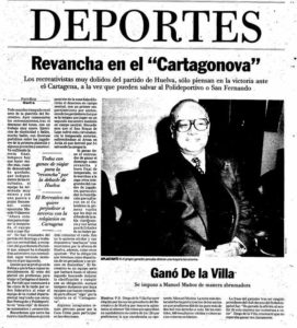 Portada de La Voz de Huelva en la que se reflejaba la victoria de De la Villa en las elecciones a la presidencia del Recre en 1995.