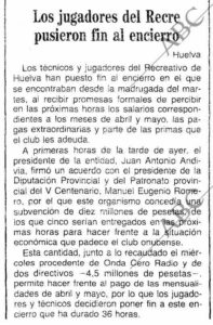 Noticia en ABC sobre el fin del encierro de los jugadores del Recre, dos días antes del partido con el Real Madrid B.