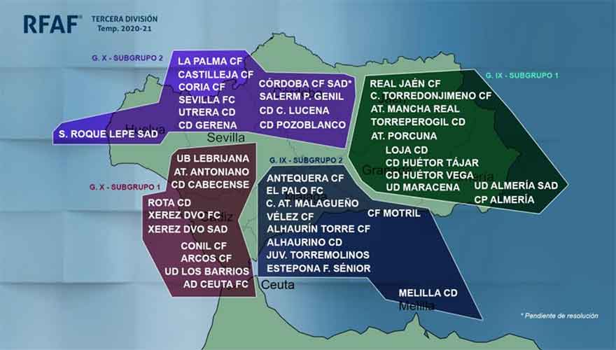 Composición de los cuatro subgrupos de los dos grupos andaluces de Tercera División. / Foto: @RFAF.