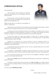 Comunicado de Alberto Gallego en el que hace oficial su renuncia al banquillo albiazul en la próxima temporada.