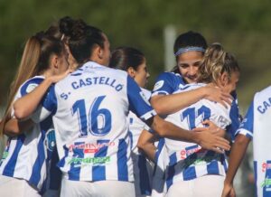 Las jugadoras sportinguistas celebrando uno de los goles de su partido ante el Alavés. / Foto: www.lfp.es.