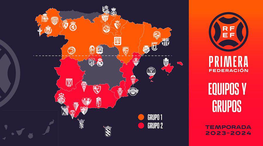 Distribución de los grupos de la Primera Federación para la temporada 2023-24. / Foto: @rfef.