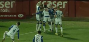 Celebración de los jugadores del Recre tras el tanto de De la Rosa, que significó la victoria. / Foto: Captura FEF TV.