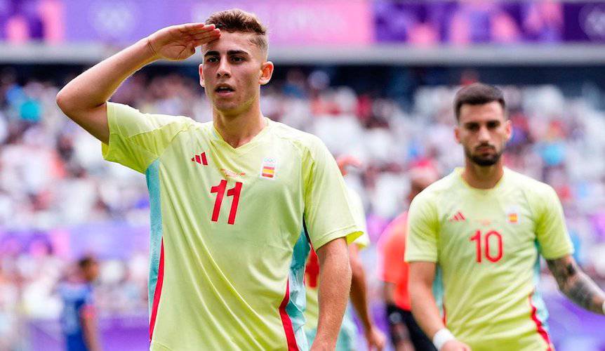 Fermín López abrió el marcador para España en su triunfo, segundo en los JJOO, ante la República Dominicana. / Foto: @SEFutbol.