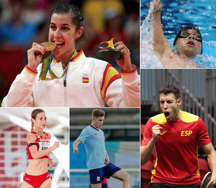 De izquierda a derecha y de arriba a abajo, Carolina Marín, David Sánchez, Laura García-Caro, Fermín López y Álvaro Robles, los onubenses protagonistas del verano olímpico.